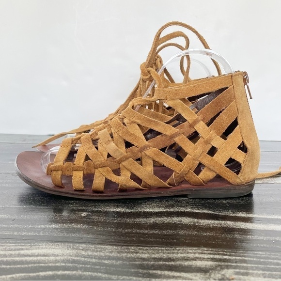 Free People Great Lengths Lace-up Light Tan Sandals Back Zip Leather - Picture 3 of 9